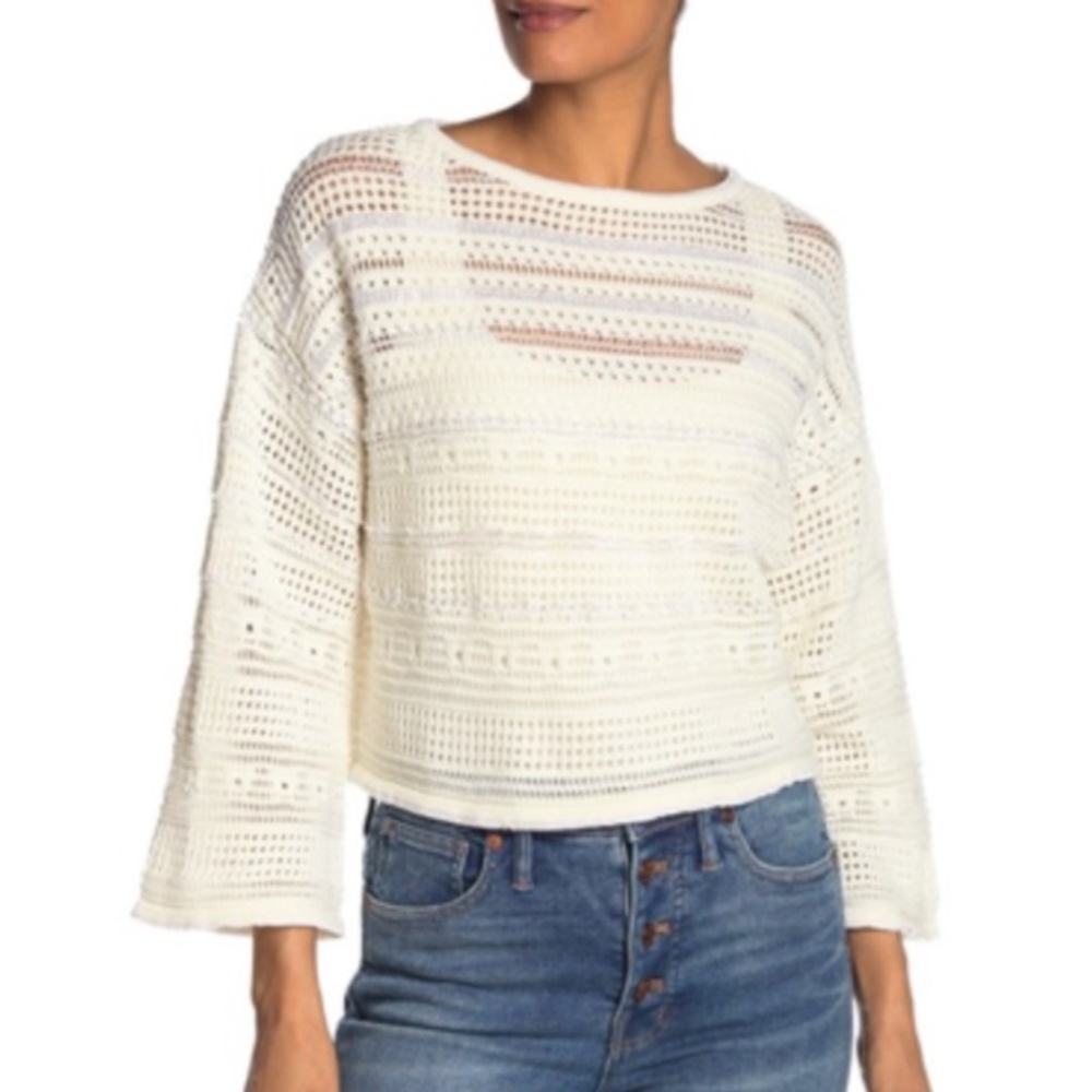 CENY Solid White Crochet Knit Sweater